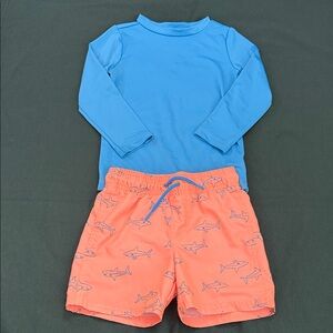 Cat & Jack Blue Rashguard with Orange Shark Shorts
